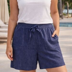 Eddie Bauer Everyday Shorts XXL Navy Stripe Linen Blend Elastic Waist Drawstring
